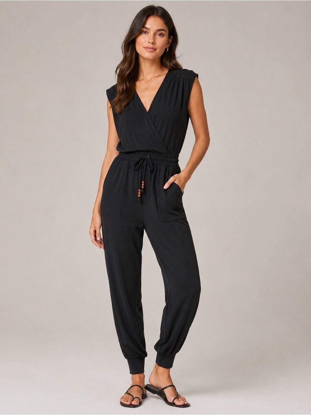 Heartloom Black Surplice Jogger Jumpsuit Beaded Tie Waist Size Medium